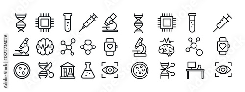 Science and technology icons: dna, microscope, brain, molecule, heart