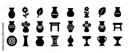 Silhouettes of vases, flowers, leaves, and decorative objects in minimalist design