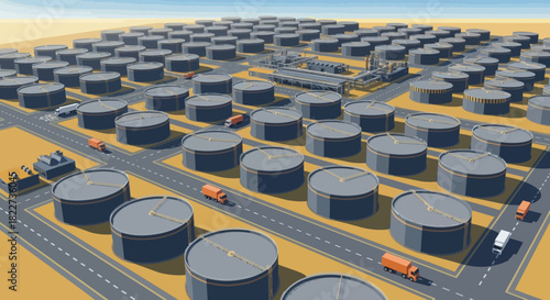 Oil storage tanks and trucks in a desert landscape.