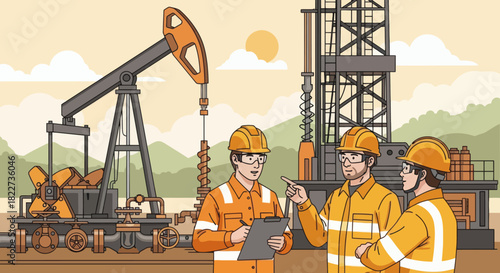 Oil Rig Workers Discussing Operations at an Oil Field.
