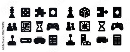 Game icons collection: dice, puzzle, joystick, hourglass, gamepad, vr headset