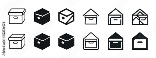 Set of minimalist box and envelope icons in line and solid styles