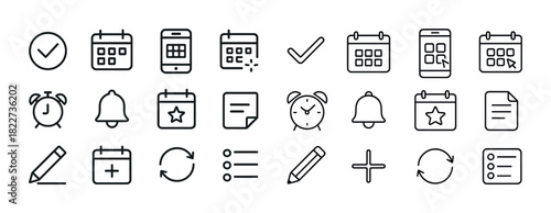 Set of calendar and planning icons including clocks and checkmarks