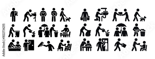 Icon set illustrating everyday activities with people and pets