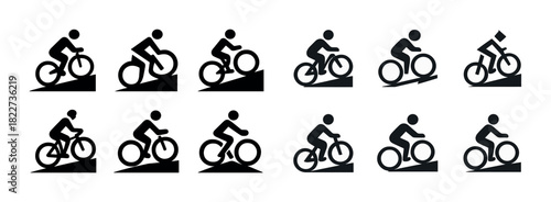 Silhouette cyclists on slopes icon set - biking pictograms for outdoor activities