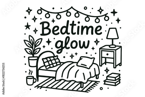 Bedtime Glow Doodle. Bedtime glow. Hand-drawn doodle illustration of bedtime glow. Bed, string lights, pillows