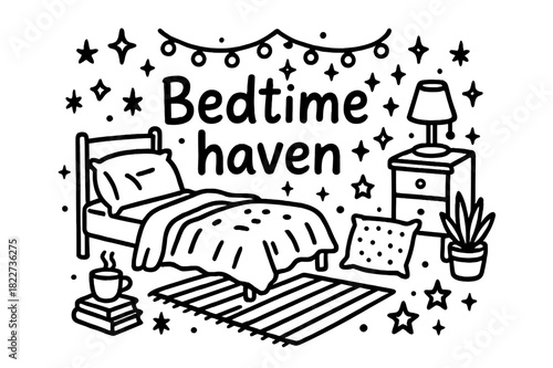 Bedtime Haven Doodle. Bedtime haven. Hand-drawn doodle illustration of bedtime haven. Bed, string lights,