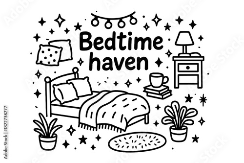Bedtime Haven Doodle. Bedtime haven. Hand-drawn doodle illustration of bedtime haven. Bed, string lights,