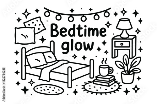 Bedtime Glow Doodle. Bedtime glow. Hand-drawn doodle illustration of bedtime glow. Bed, string lights, pillows