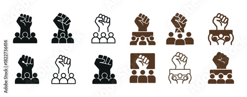 Raised fist icons of unity and solidarity in various colors