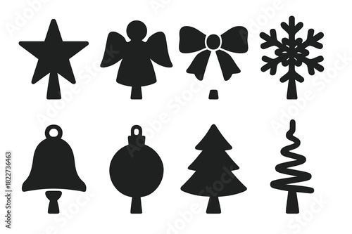 Black Christmas Toppers Icons. Christmas tree toppers. Filled icon set of Christmas tree toppers: star, angel,