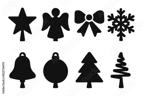 Black Christmas Toppers Icons. Christmas tree toppers. Filled icon set of Christmas tree toppers: star, angel,