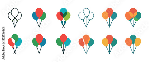 Colorful balloon vector icons set featuring diverse designs and arrangements