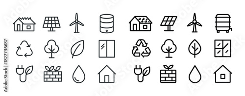 Eco-friendly icons: solar, wind, recycling, energy, nature symbols for sustainability