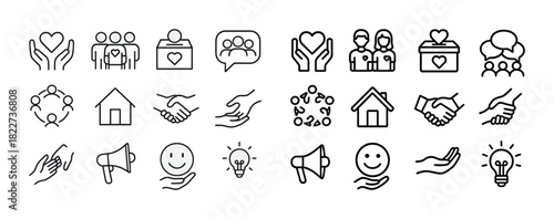 Collection of community and support icons: heart, helping hands, teamwork, communication symbols