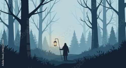 Person with Lantern Walking Through a Dark and Misty Forest.