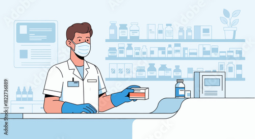 Pharmacist wearing a face mask and gloves holding medication at a pharmacy counter.