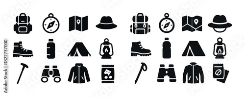 Outdoor adventure icons: backpack, compass, map, hat, boot