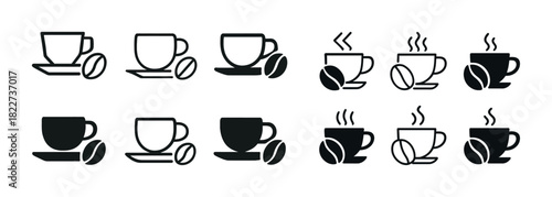 Variety of coffee mug icons with coffee beans and steam illustrations