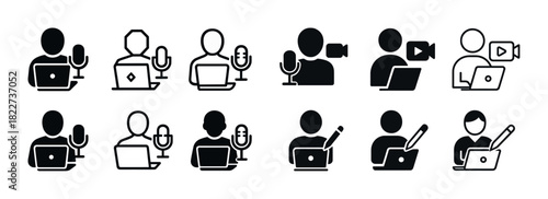 Podcast and vlog icons set: microphone, laptop, camera symbols