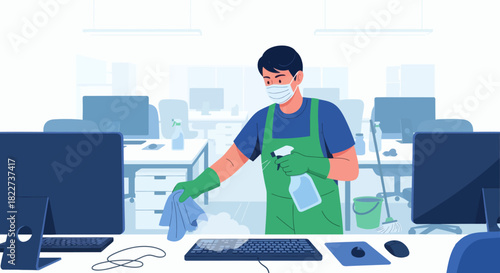 Professional Cleaner Disinfecting Office Desk During Pandemic.