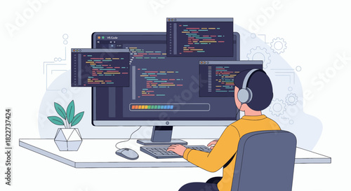 Programmer working on multiple screens with code.