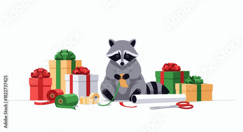 Raccoon diligently wraps colorful Christmas presents with festive ribbons.