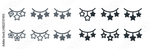 Monochrome hanging star and gem garland icons in various arrangements