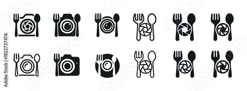 Camera and cutlery icons set: photography and food concept in black and white