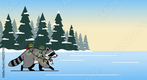 Raccoon with Backpack Walking in a Snowy Forest Landscape.