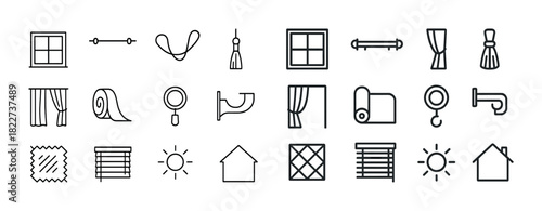 Window and curtain line icons set includes blinds and sun designs