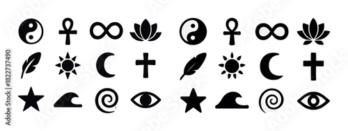 Collection of spiritual and nature symbols including yin yang, ankh, and infinity