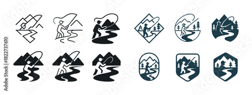 Abstract fishing logos: nature, adventure, mountains, rivers, outdoor