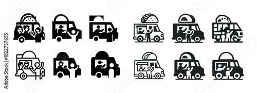 Assorted food trucks icon set featuring various cart designs and cuisine types