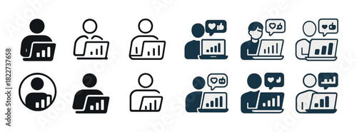 Diverse icons of professionals using laptops and engaging in communication