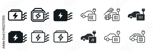 Electric vehicle charging icons set featuring battery and plug symbols