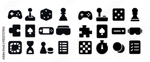 Collection of board and video game icons including controllers, dice, puzzle pieces, and timers