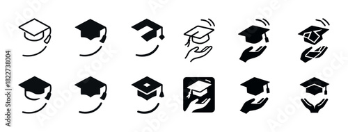 Graduation caps icons: diverse designs and styles in black and white