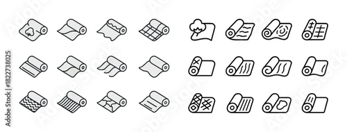 Set of fabric roll icons: various patterns and styles in line art