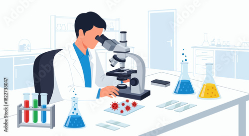 Scientist working in a laboratory with a microscope and various lab equipment.