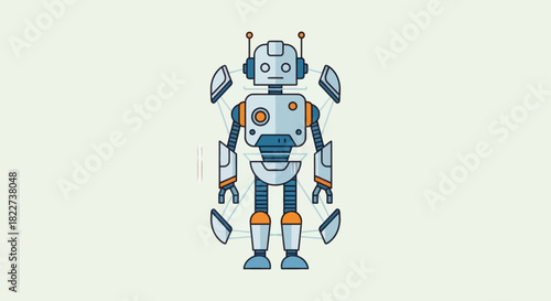 Robot Disassembled Illustration with Floating Parts.