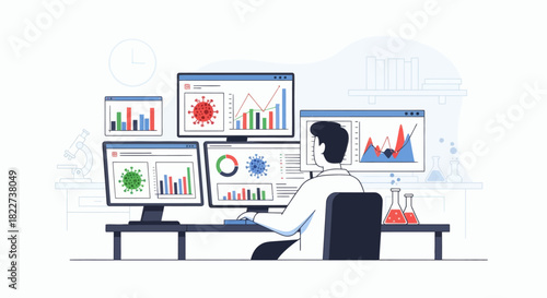 Scientist Analyzing Data on Multiple Screens in a Lab Environment.