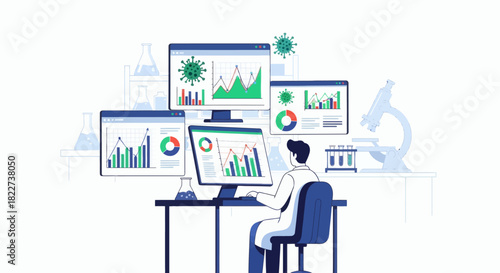 Scientist analyzing data on multiple screens in a laboratory setting.