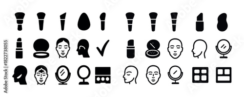 Icon set featuring makeup tools and facial profiles
