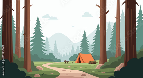 Serene Forest Campsite with Orange Tent and Winding Path.