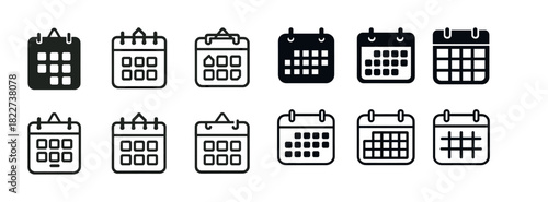 Collection of 12 black and white calendar icons in various styles