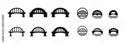 Set of bridge icon variations in minimalist black and white design