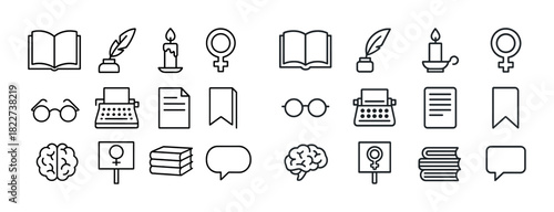 Set of writing and feminism icons: books, typewriters, symbols