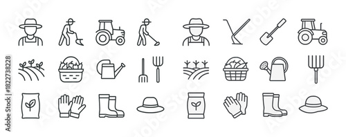 Line art farming icons: tools, equipment, farmer activities