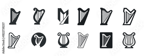 Collection of ten unique harp icon designs in black and white